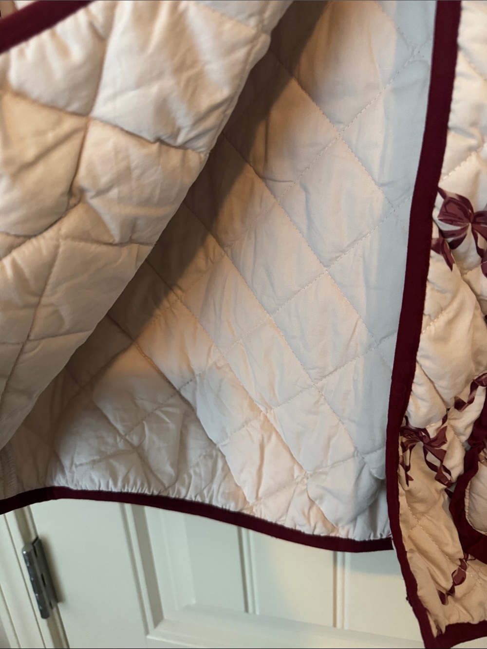 Quilted Cream Jacket with Burgundy Ribbon Pattern - Picture 2 of 5